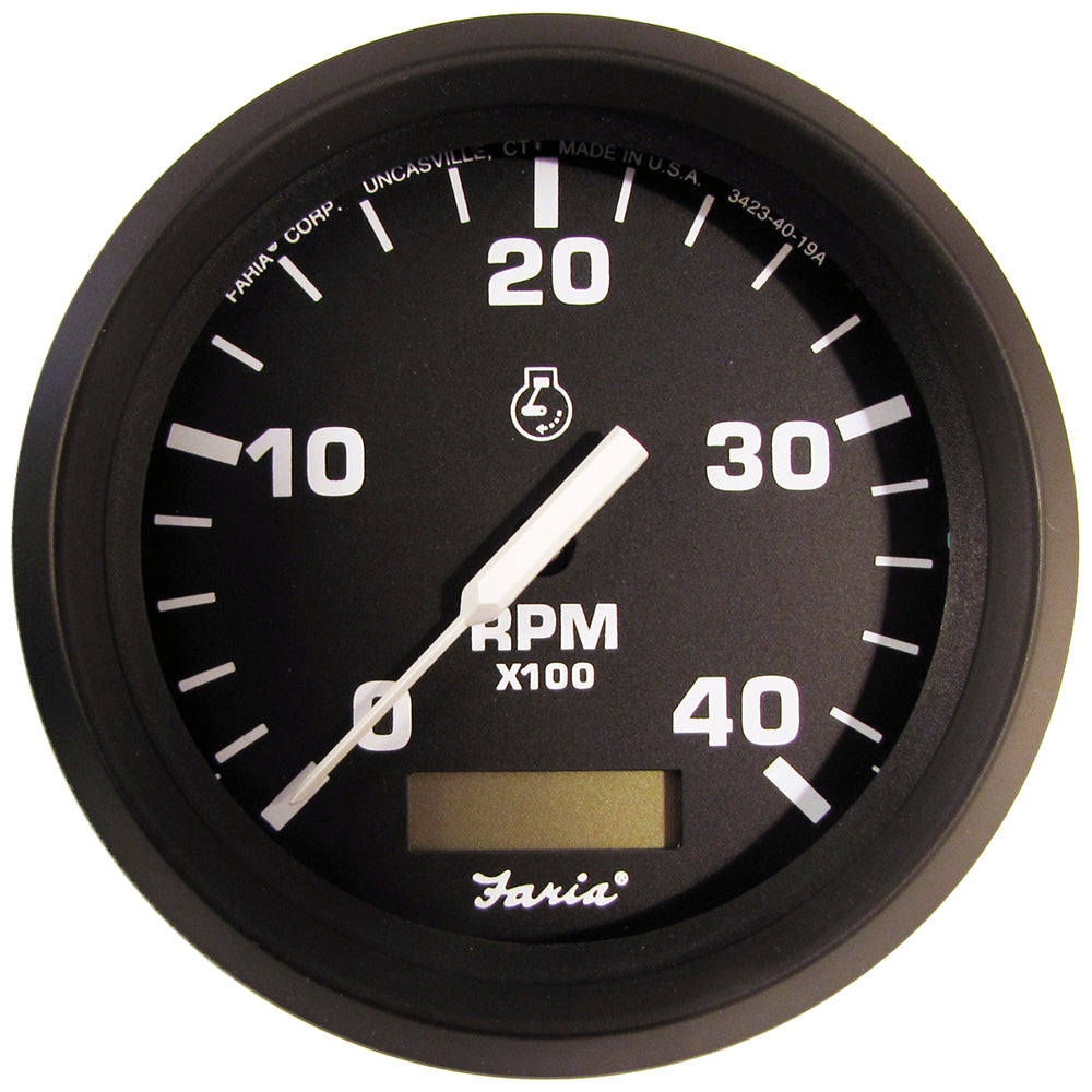 Faria Euro Black 4" Tachometer w/Hourmeter (4000 RPM) (Diesel)(Mech. Takeoff Var. Ratio Alt.)