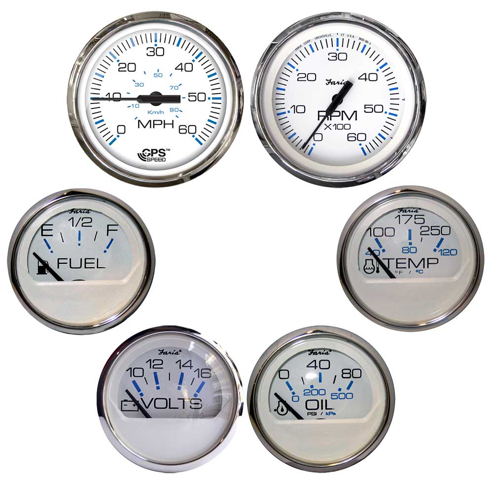 Faria Chesapeake White w/Stainless Steel Bezel Boxed Set of 6 - Speed, Tach, Fuel Level, Voltmeter, Water Temperature Oil PSI - Inboard Motors