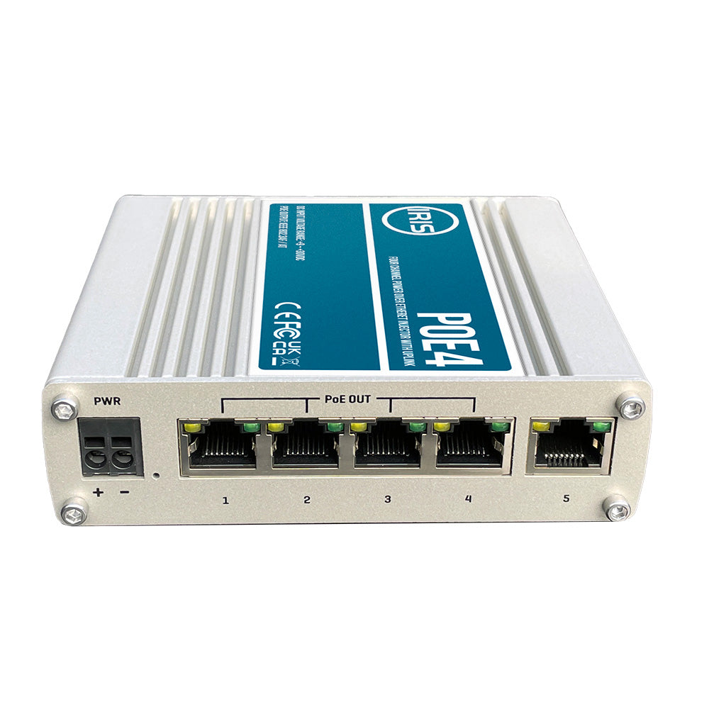 Iris Four Channel Uplink Power Over Ethernet Switch - IEEE802.3af 3at Compliant - 9-30VDC Input - 48VDC Output